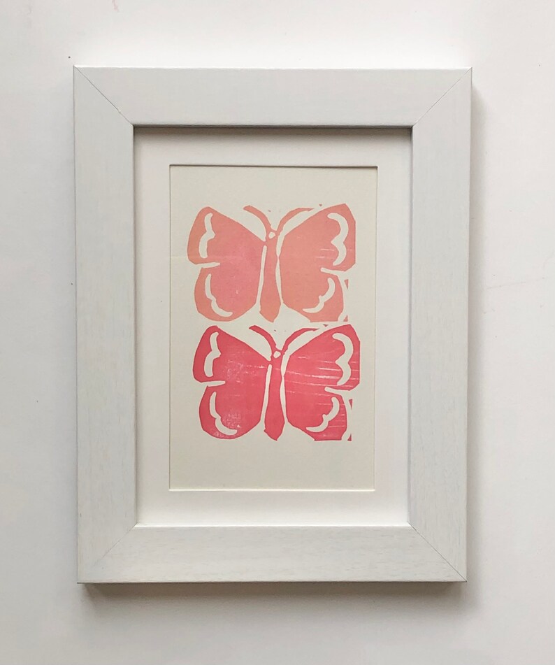 Original block print art, gallery wall print, butterfly, blush color, floral, nursery art, colorful fun art, California vibe, linocut print Butterflies