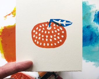 Fruit linocut food art, small art print, tangerine, lemon, cherry, apple, pear