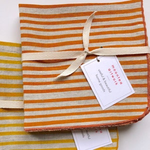 Striped linen napkins, bright orange, hand printed, stripes, tangerine image 2