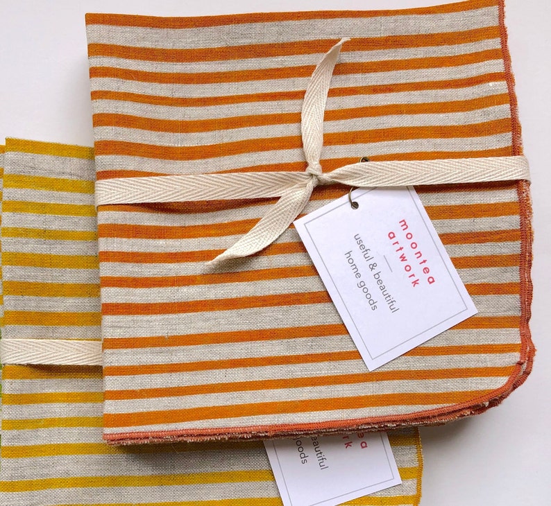 Striped linen napkins, bright orange, hand printed, stripes, tangerine image 2