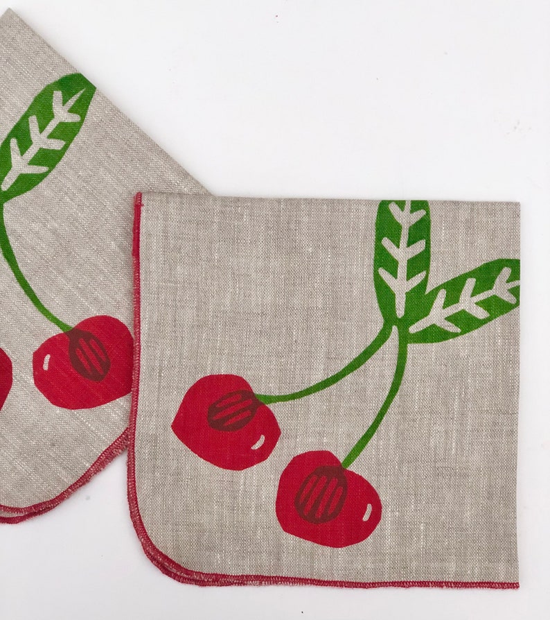 Cherries Linen Napkins, Hand printed fruit napkins image 3