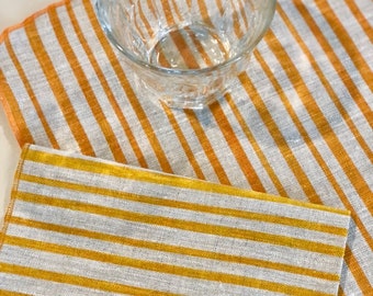 Set de table en lin, rayures orange, jaune, bleu