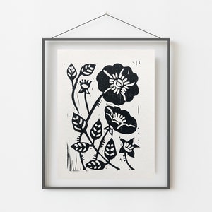 Rose Hand printed linocut art, Floral art, Native Plant image 3