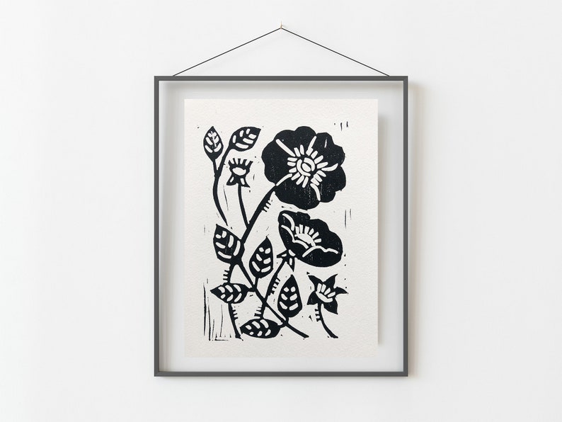 Rose Hand printed linocut art, Floral art, Native Plant image 3