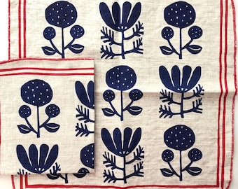 French Garden Hand Printed Napkins, Linen, Red and Blue Floral