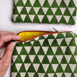 Green Triangles Zipper Pouch, hand printed linen