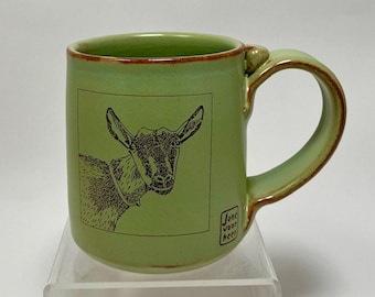 Goat "Matilda" Mug; handmade stoneware 10 ounce mug by David Voorhees, with original artwork fired-on transfer by Jane Voorhees.