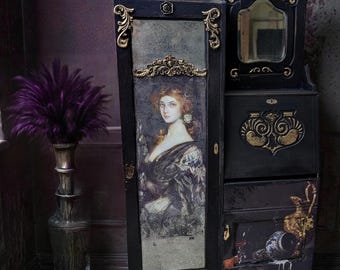 Secreter gótico victoriano: escritorio abatible único en su tipo, mueble artístico funcional pintado a mano
