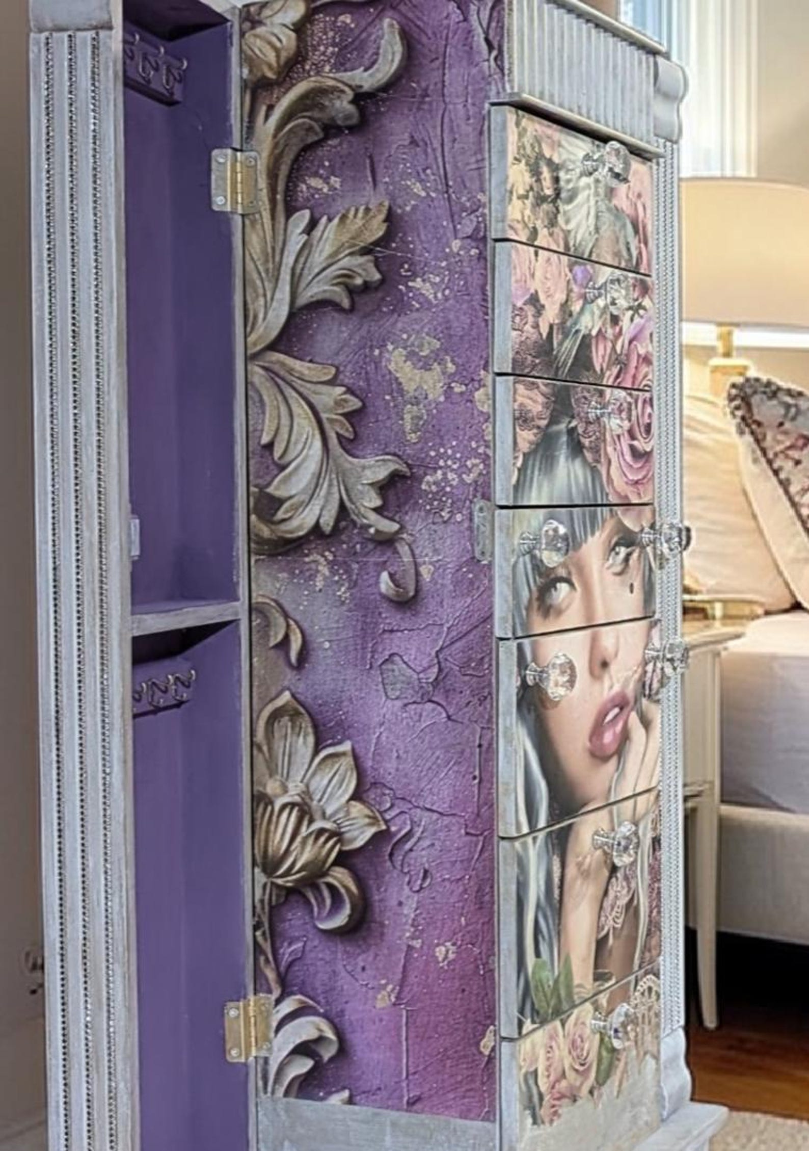 Vintage Inspired Jewelry Armoire – Hand Painted Floral Portrait Cabinet ...