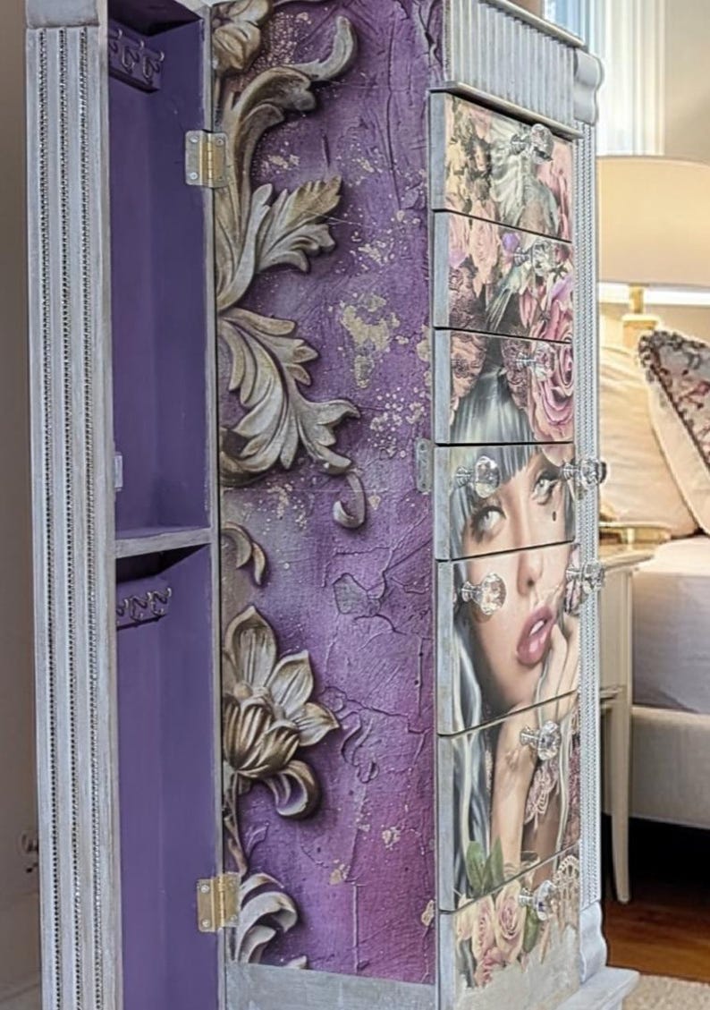Vintage Inspired Jewelry Armoire – Hand Painted Floral Portrait Cabinet ...