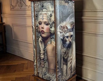 Art Deco Jewelry Armoire, Handcrafted Decoupage Cabinet, French Vintage Inspired Storage
