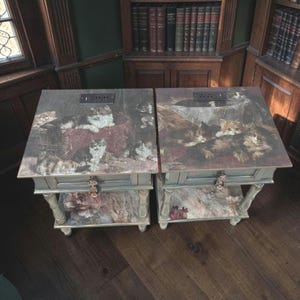 May include: Two matching wooden end tables featuring a decoupage print of kittens on the top surface and lower shelf. Each table includes a single drawer with a decorative knob and a built-in electrical power outlet strip on the top surface.