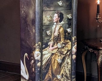 Armario joyero victoriano – Gabinete de cisne romántico, retrato en oro antiguo, almacenamiento llamativo hecho a mano, estilo romántico oscuro