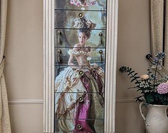 Armario joyero romántico francés – Mueble de tocador pintado a mano, retrato floral