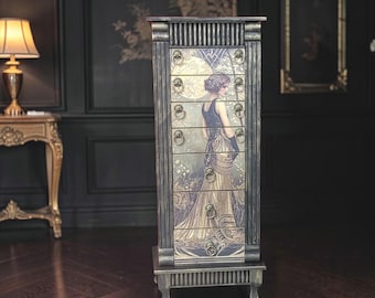 Armario joyero Art Déco, mueble vintage pintado a mano, mueble de almacenamiento romántico único en su clase.