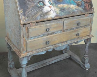 Escritorio estilo steampunk con forma de gato, pintado a mano, estilo vintage.