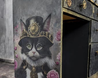 Escritorio Steampunk con forma de gato: mesa de escritura vintage con forma de gato pintada a mano.