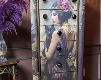 Hand-Finished Gothic Art Armoire, Flapper Lady Black Cat Portrait Storage