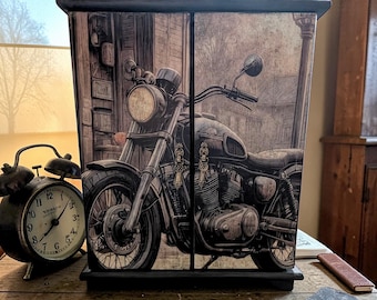 Handcrafted Motorcycle Valet Box, Mens Watch Ring Organizer, Wood Desk Case