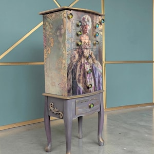 Jewelry Armoire – Hand Painted Cabinet with Crystal Knobs, French Victorian Rococo Jewelry Chest