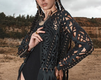 Fringe Leather Jacket, Black Festival Jacket – Boho Western Burning Man Rave Outfit Jacket
