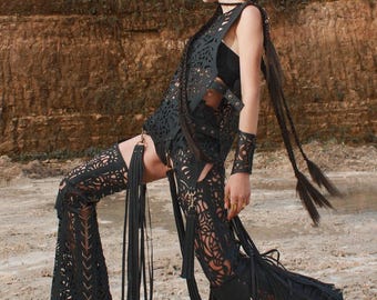 Bell Bottom Festival Pants, Black Leather Hippie Flare – Boho Wide Leg Burning Man Rave Outfit