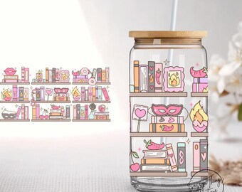 Pink Bookish 16oz Glass coffee tumbler with bamboo lid and metal straw, book lover gift, smut readers, trendy coffee cup, gift fort her