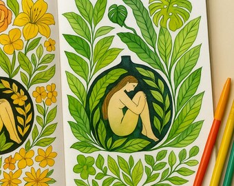 Floral Coloring Book for Adults: Woman in Vase Botanical Art (Printable PDF)