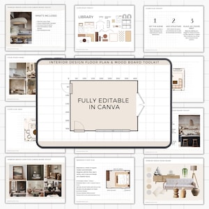 May include: A collection of interior design templates and mood boards. The central image displays a floor plan with the text "FULLY EDITABLE IN CANVA." Other pages include design ideas, a library of elements, and a toolkit guide.