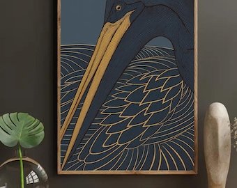 Lámina artística de pájaro africano: diseño minimalista azul marino y dorado (descarga digital)
