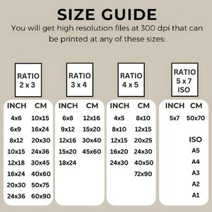 May include: A size guide chart with dimensions in inches and centimeters for printing high-resolution files. Includes ratios 2x3, 3x4, 4x5, and 5x7 ISO, with sizes like 4x6 inches (10x15 cm) and 5x7 inches (50x70 cm).