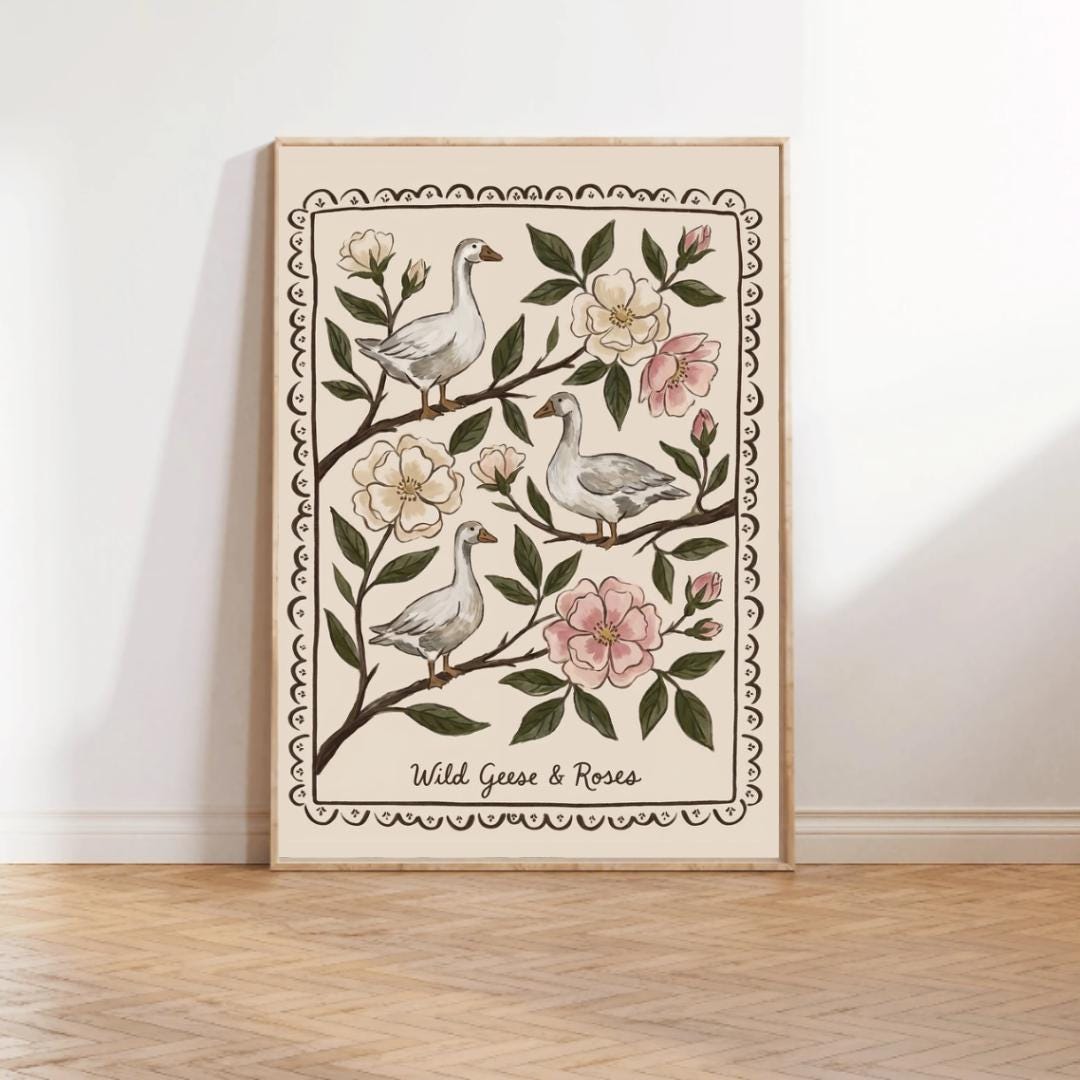 Goose Print: Wild Geese and Roses, Trendy Farm Animal Nursery Wall Art ...