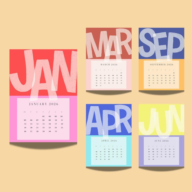 May include: A collection of colorful 2026 and 2027 calendars. Each calendar features a month's name in large, bold letters over a contrasting background color. The months shown are January, March, April, June, and September. Each calendar displays the days of the month.