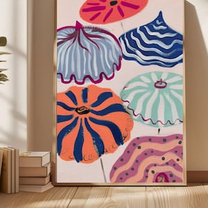 May include: A framed abstract painting featuring colorful, stylized umbrella-like shapes. The artwork showcases a variety of designs, including striped and dotted patterns in shades of orange, blue, pink, and teal, set against a light background.