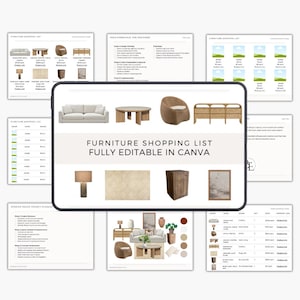 Może przedstawiać: Cyfrowy szablon listy zakupów mebli wyświetlany na ekranie tabletu, zawierający tekst FURNITURE SHOPPING LIST FULLY EDITABLE IN CANVA, otoczony różnymi stronami dokumentów przedstawiającymi układy mebli, tabele i etapy planowania projektu.