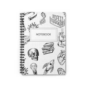 May include: Spiral-bound notebook with a white cover featuring the word "NOTEBOOK" in a rectangular frame. The notebook's pages are covered in a grid pattern and illustrated with science-themed sketches, including a skull, microscope, and rocket.