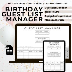 Könnte beinhalten: Ein digitales Produktbild mit einem Laptop und Tablet, auf dem eine "Geburtstags-Gästelisten-Manager"-Tabelle angezeigt wird. Der Text hebt Funktionen wie das Verfolgen von Zusagen, das Zuweisen von Sitzplätzen und die Verwaltung von Mahlzeiten und Allergien hervor.