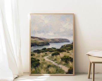 Coastal Landscape Wall Art, Vintage Seascape Print, Ocean Path Painting, Countryside Coastal Art, Neutral Green Printable Wall Decor
