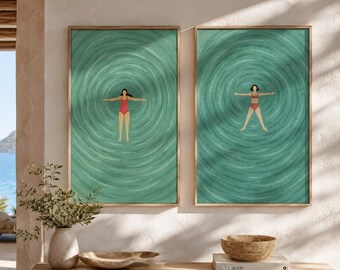 Swimmer Art Print Set of 2: Minimalist Ocean Poster Bundle (Digital Download)