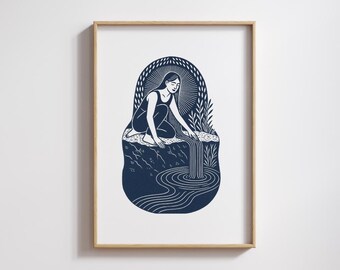 Sacred Feminine Line Art Print: Navy Blue Spiritual Woman (Digital Download)