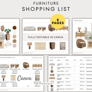 May include: A furniture shopping list template with the text "Furniture Shopping List" and "Fully Editable in Canva." The design includes images of furniture, a mood board, and a list of items with prices.