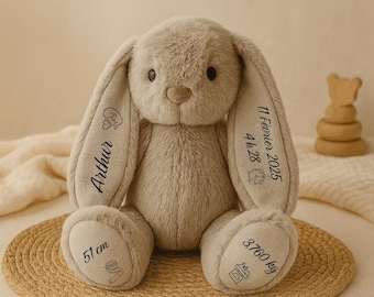 Peluche lapin personnalisée avec prénom et infos de naissance – Doudou bébé unique, cadeau naissance, baptême ou baby shower