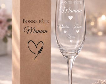 Flûte Champagne Personnalisée Fête des Mères – Verre Gravé Maman avec Prénoms Enfants – Cadeau Original Bonne Fête Maman