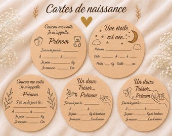 Personalized wooden birth announcement card – Engraved round 12.8 cm – Baby announcement, birth keepsake, personalized gift