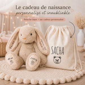 Peluche lapin personnalisée avec sac personnalisé et infos de naissance – Doudou bébé personnalisé, cadeau naissance, baptême, baby shower
