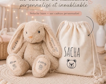 Peluche lapin personnalisée avec sac personnalisé et infos de naissance – Doudou bébé personnalisé, cadeau naissance, baptême, baby shower