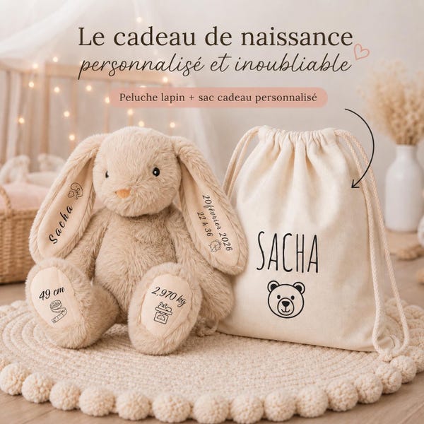 Personalized bunny plush toy with custom bag and birth information – Personalized baby cuddly toy, birth gift, christening gift, baby shower