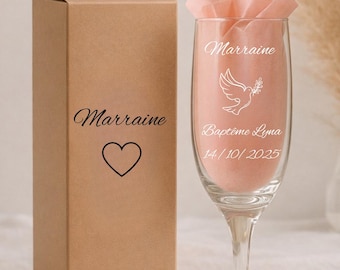 Flûte à champagne personnalisée Baptême – Cadeau Parrain Marraine – Gravure prénom & date – Idée cadeau baptême - remerciement baptême