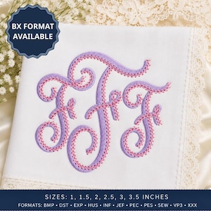 May include: A white fabric square featuring an embroidered monogram of three stylized letters F in lavender and pink thread. The edges are finished with a delicate cream-colored lace trim. Text on the image reads BX FORMAT AVAILABLE and SIZES: 1, 1.5, 2, 2.5, 3, 3.5 INCHES.