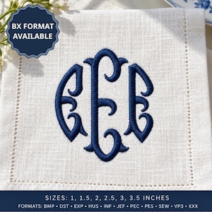 May include: A square off-white linen napkin featuring a dark blue embroidered monogram with three intertwined letters. The text BX FORMAT AVAILABLE appears in a dark blue badge. Text at the bottom lists sizes 1, 1.5, 2, 2.5, 3, 3.5 INCHES and formats BMP, DST, EXP, HUS, INF, JEF, PEC, PES, SEW, VP3, XXX.